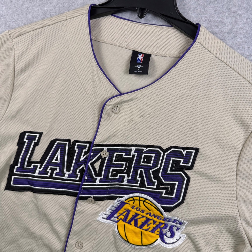 NBA Los Angeles Lakers Baseball Jersey Mens L Tan Purple Button Down 47 Mesh